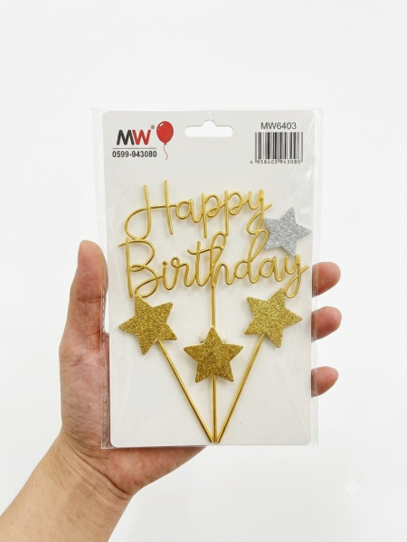كلمة happy barthday مع نجوم للكعك لون دهبي